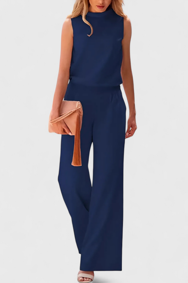 Wide Leg Jumpsuit for Women with Round Neck - Elegant Fluid Style