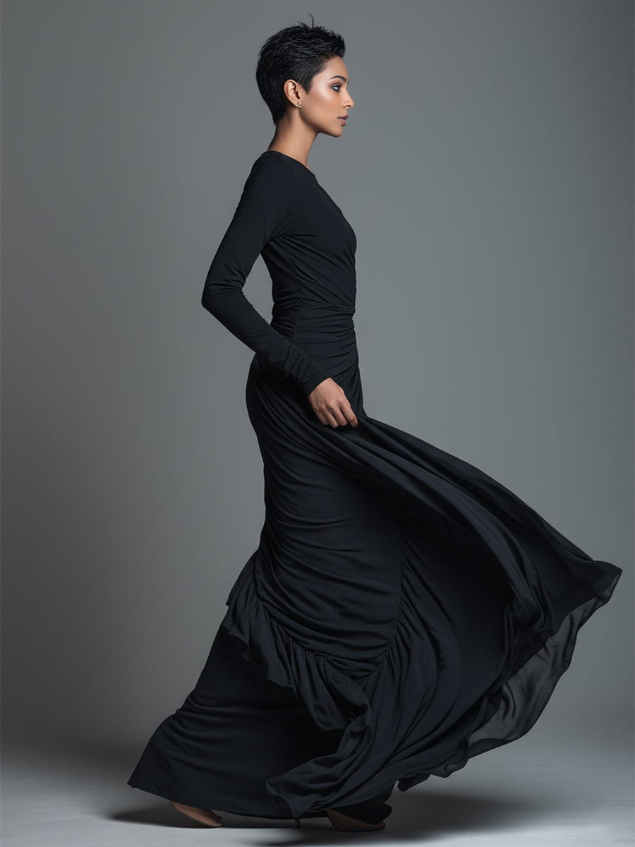 Black Maxi Dress with Ruched Detailing - Long Sleeve Jersey Knit