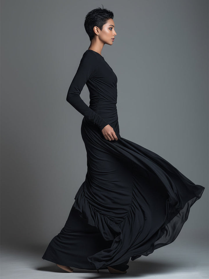 Black Maxi Dress with Ruched Detailing - Long Sleeve Jersey Knit