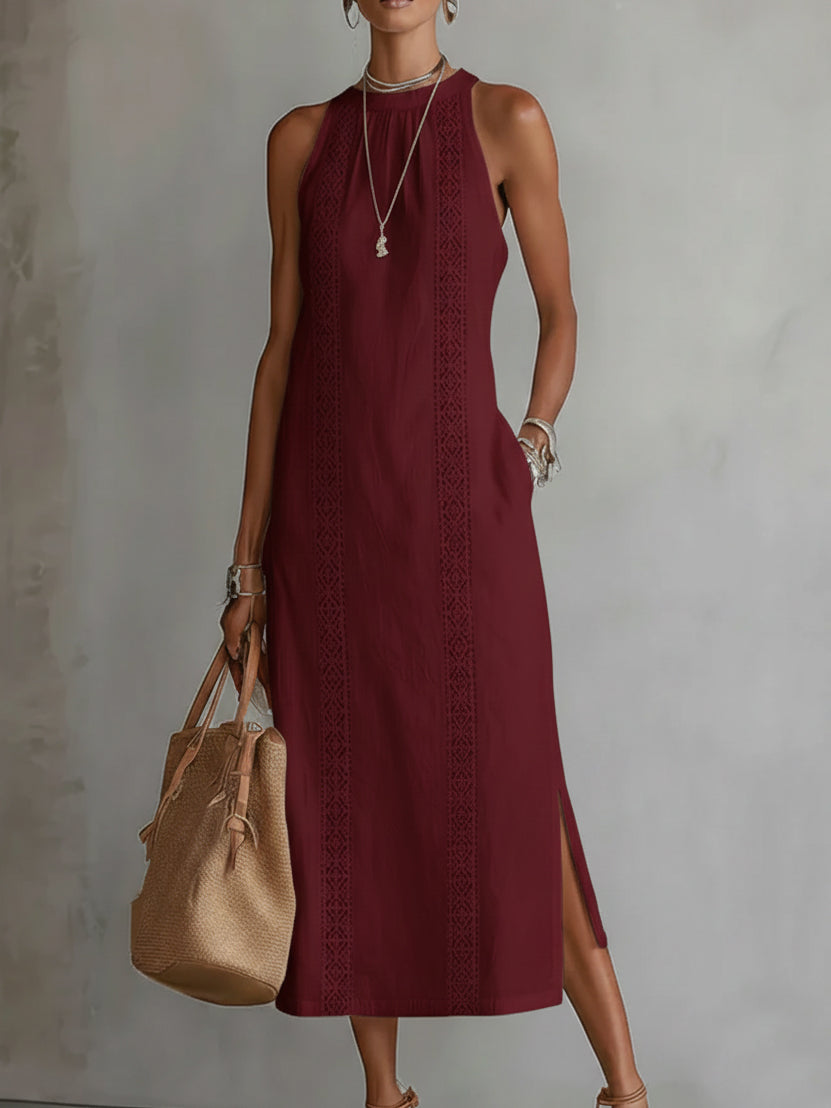 Sleeveless Lace Midi Dress for Women - Elegant A-Line Fit
