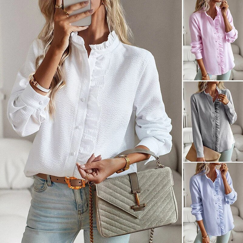 Ruffle Trim Blouse for Women | Striped Button Front Top