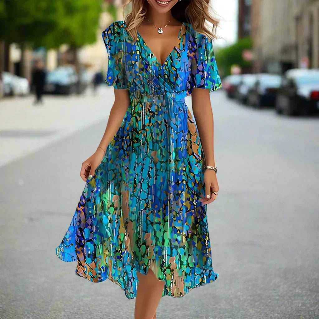 Printed Summer Dress Flowy Chiffon Midi for Women