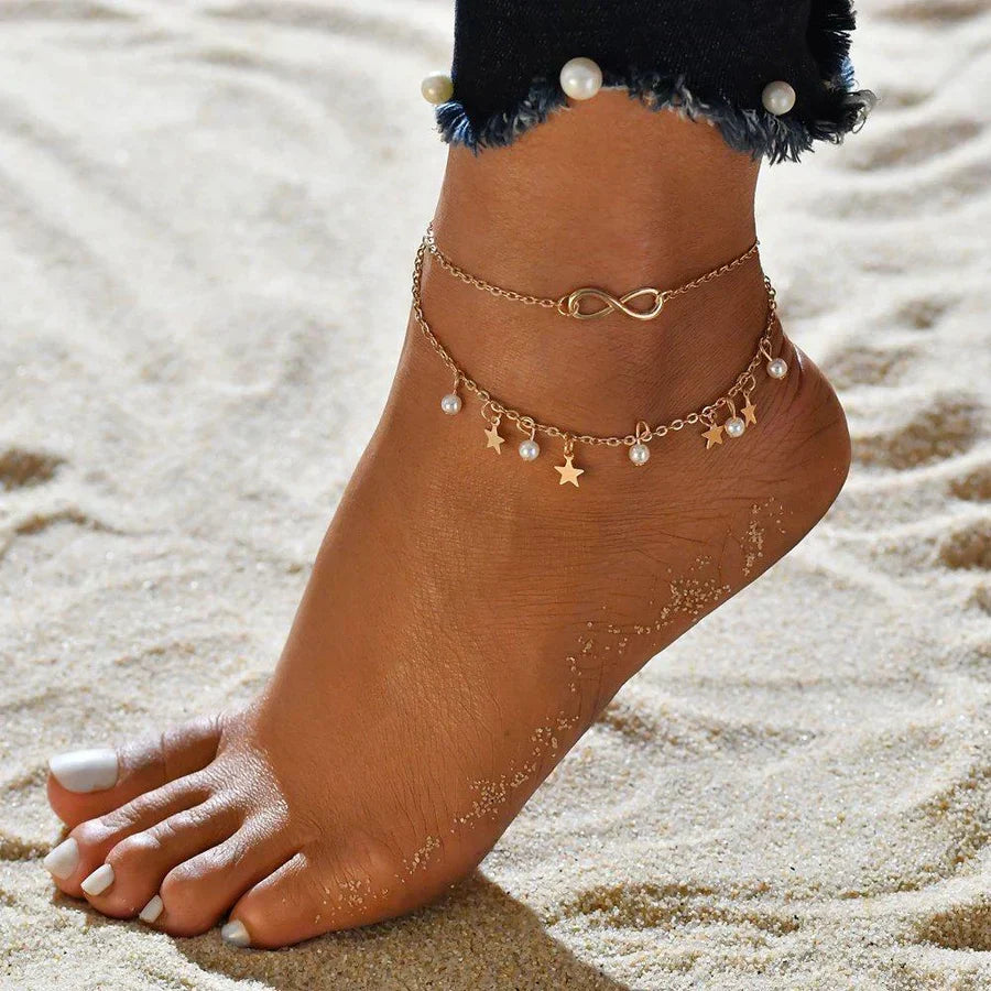 Infinity Anklet Bracelet with Pearls and Stars - White Gold Ankle Jewelry