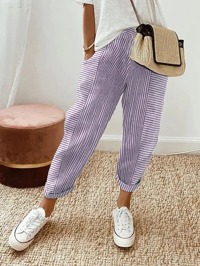Striped Linen Pants - Comfortable Elastic Waist Palazzo Pants