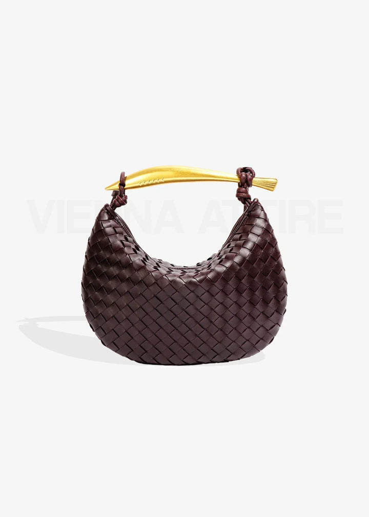 Woven Evening Bag with Gold Handle | Elegant Vegan Leather Handbag