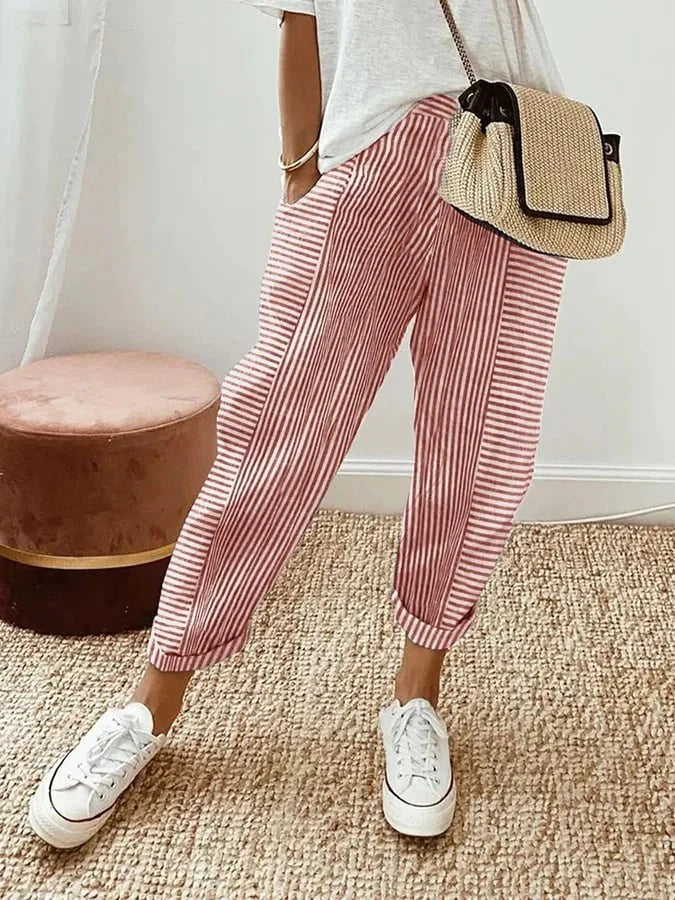 Striped Linen Pants - Comfortable Elastic Waist Palazzo Pants