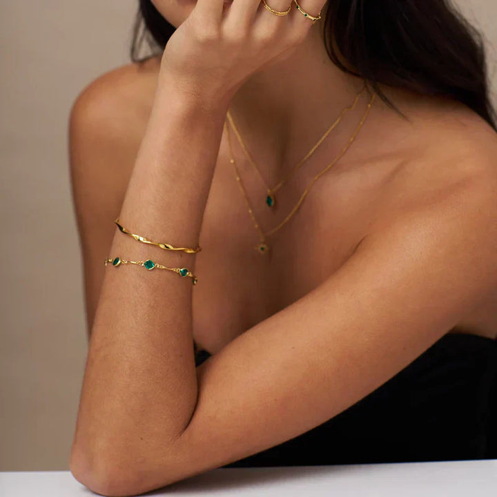 Gold Link Chain Bracelet with Emerald Accent