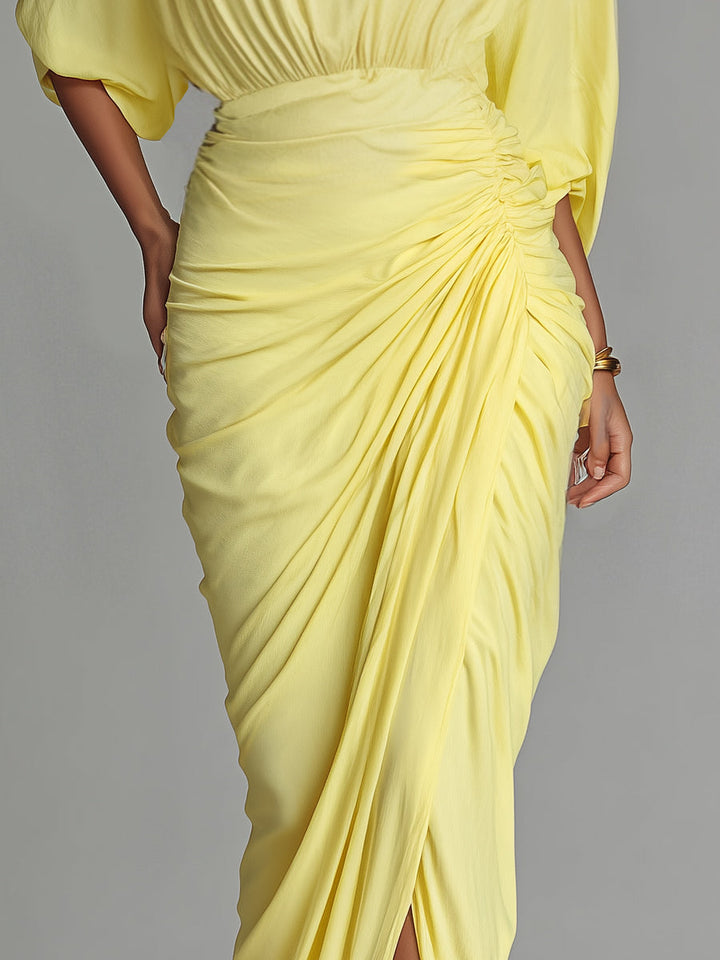 Yellow Maxi Dress for Women - Flowy V-Neck Long Sleeve