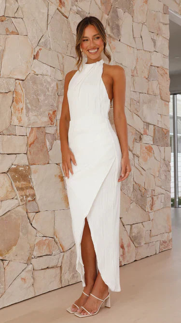 Pleated Midi Dress with High Neck and Open Back