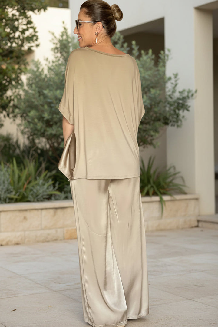Shiny Two Piece Set for Women - Elegant V-Neck Outfit