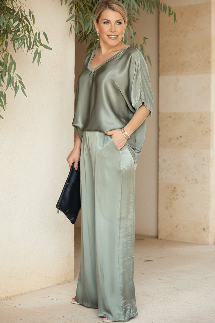 Shiny Two Piece Set for Women - Elegant V-Neck Outfit