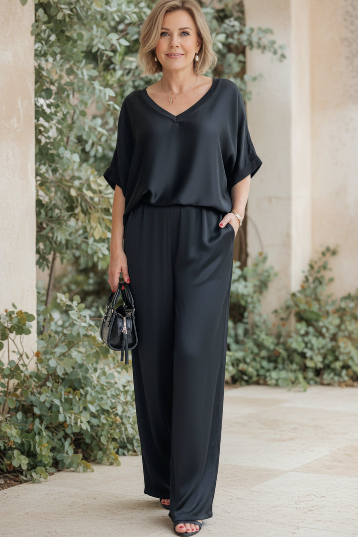 Shiny Two Piece Set for Women - Elegant V-Neck Outfit