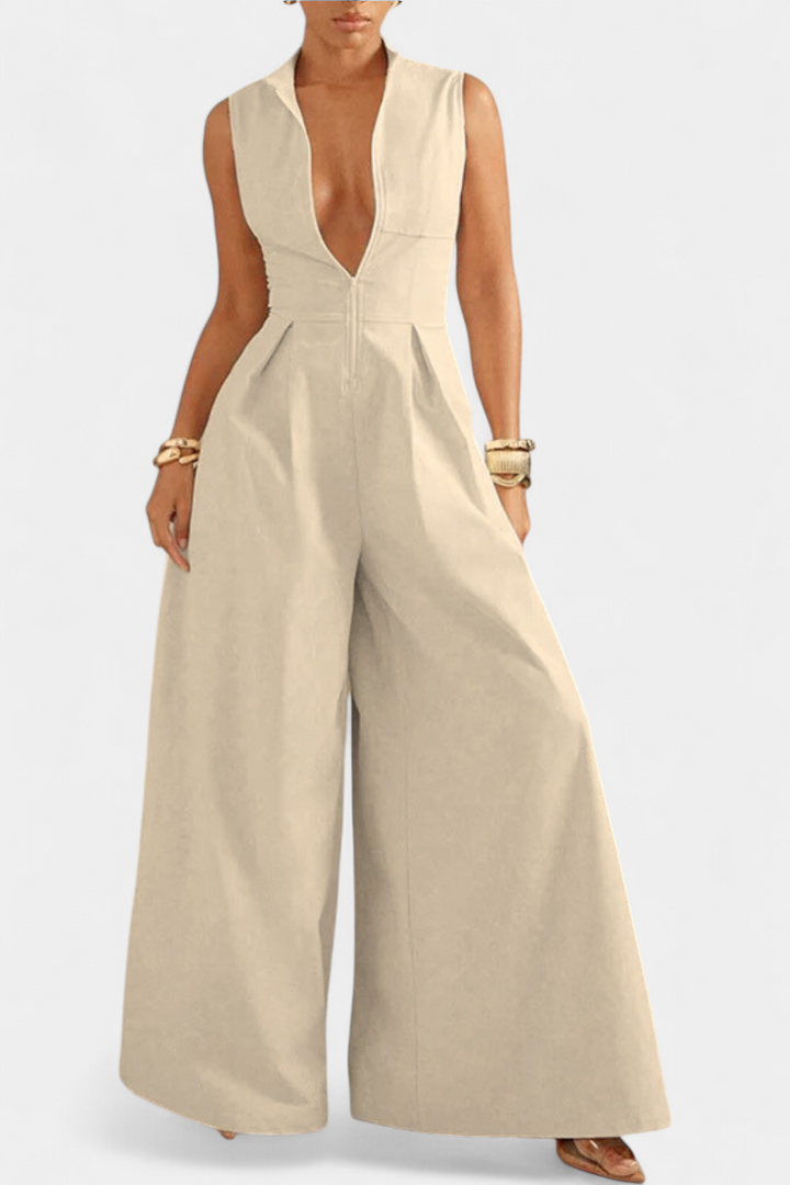 Wide Leg Jumpsuit - Sleeveless Pleated Round Neck for Women