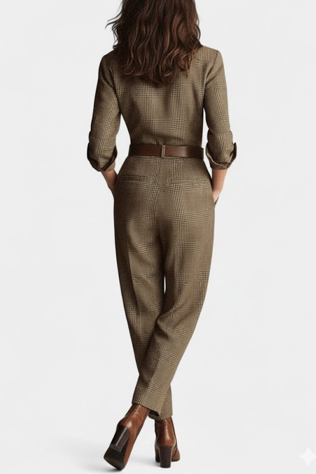 Brown Checkered Tweed Jumpsuit With Belt - Elegant Wide Leg