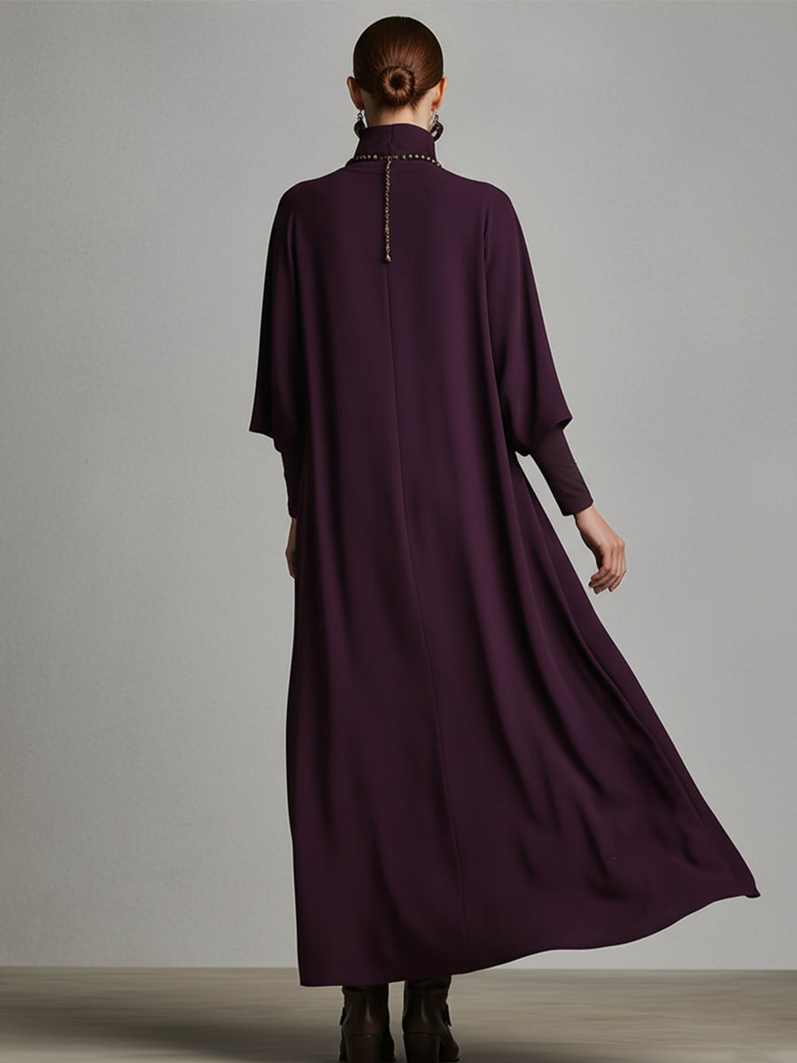 Maxi Dress with Turtleneck - Plum Embroidered Jersey