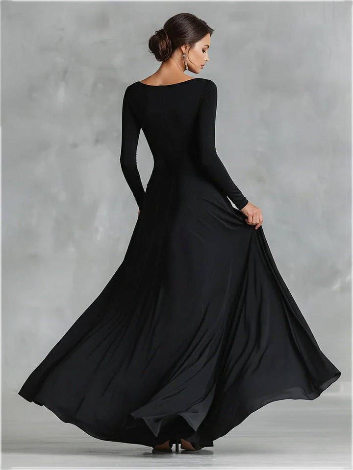 Black Maxi Dress with Ruched Bodice and Boat Neck