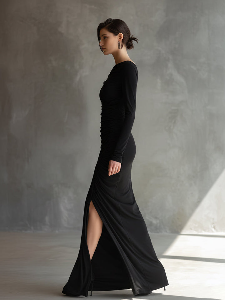 Black Off Shoulder Maxi Dress with Ruched Detailing and Slit