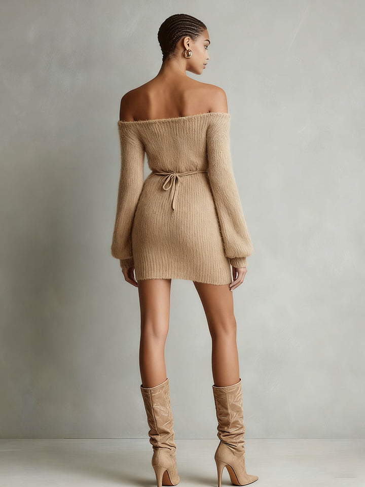 Off Shoulder Sweater Dress with Belt for Women in Camel