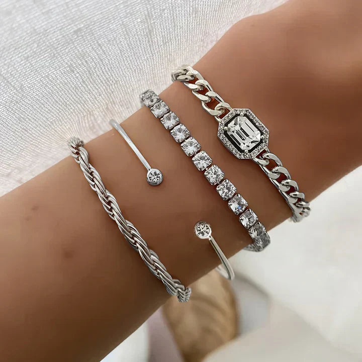 Bracelet Set White Gold Layered Stack Minimalist Jewelry