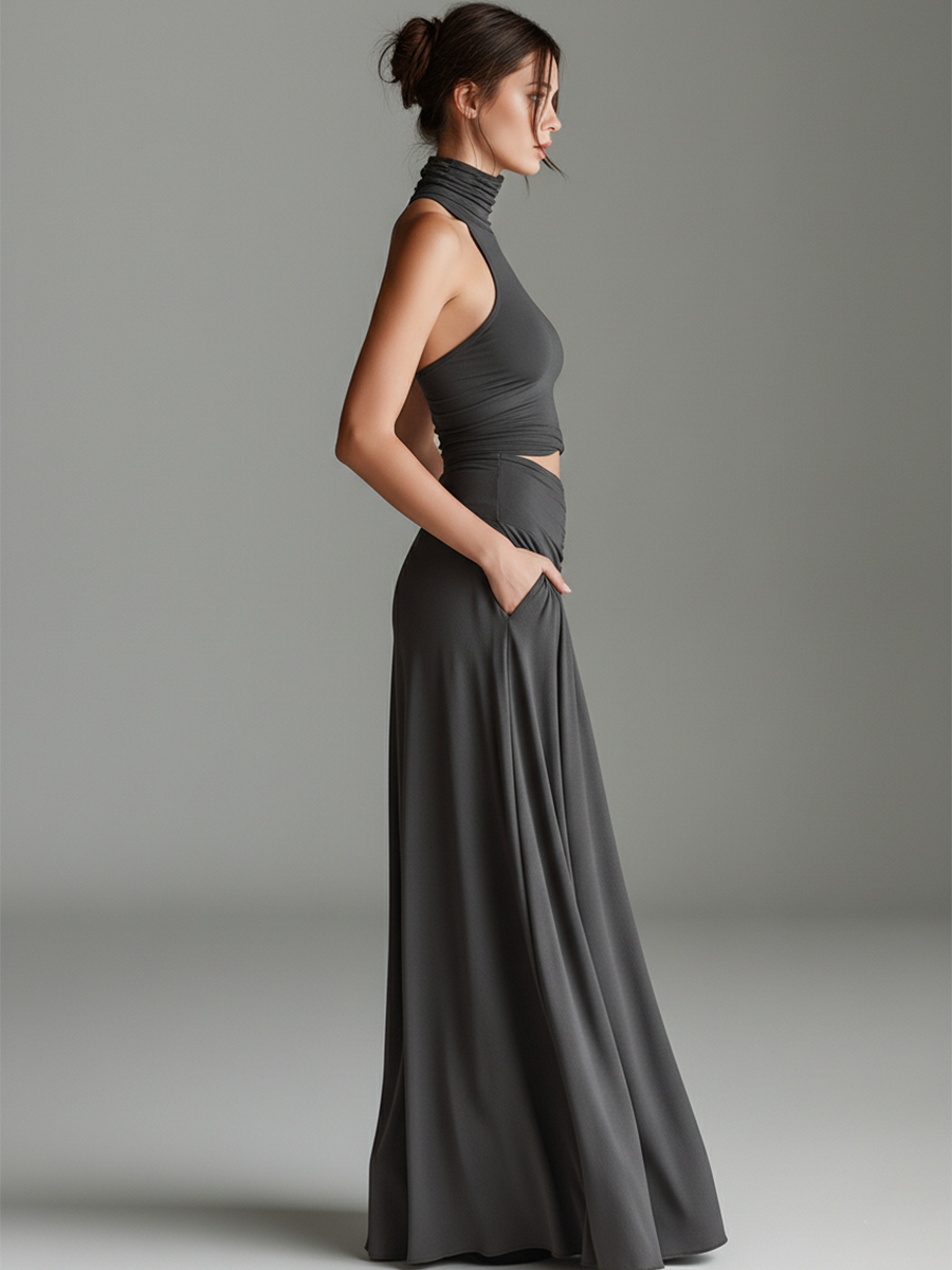Charcoal Gray Bodycon Dress with Turtleneck Halter and Cutout Waist