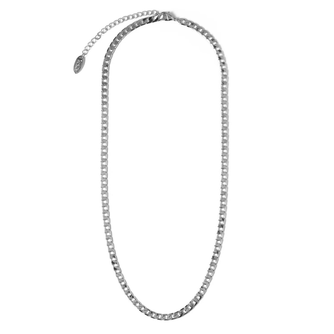 Flat Link Curb Chain Necklace in White Gold Finish