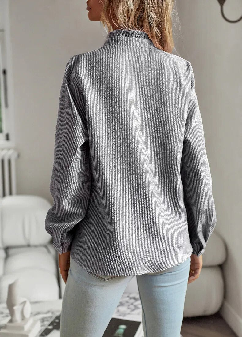 Long Sleeve Blouse with Ruffle Collar - Elegant Workwear Top