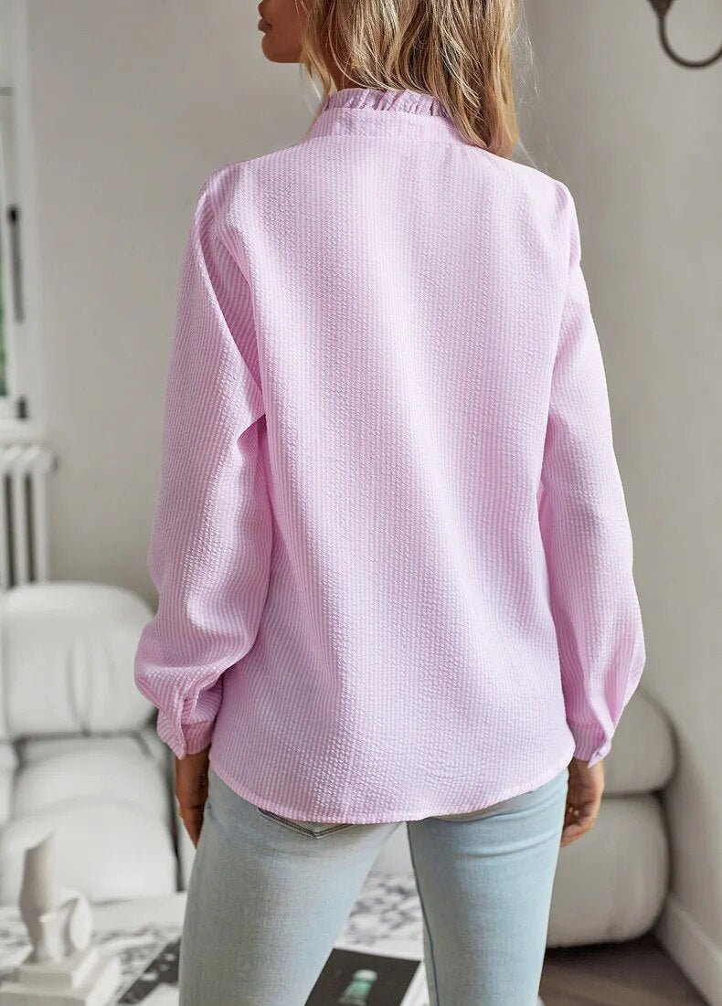 Long Sleeve Blouse with Ruffle Collar - Elegant Workwear Top
