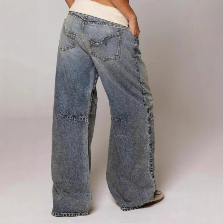 Effortless Light Blue Denim Wide Leg Jeans for Women with Ribbed Knit Waistband Low Rise Baggy Relaxed Style