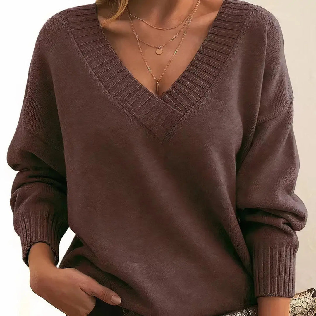 Comfortable Knit Sweater for Women with V Neck Long Sleeve Ribbed Relaxed Oversized Style