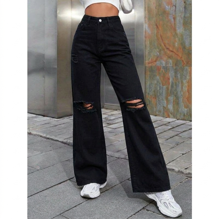 Effortless Distressed Wide Leg Jeans for Women with High Waist Ripped Knee Relaxed Casual Style
